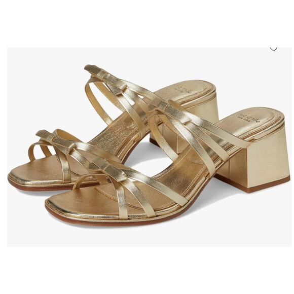 Kate Spade Carolina Block Heel Sandal Metallic Nappa Pale Gold 6.5 Lightly Worn - Picture 1 of 16